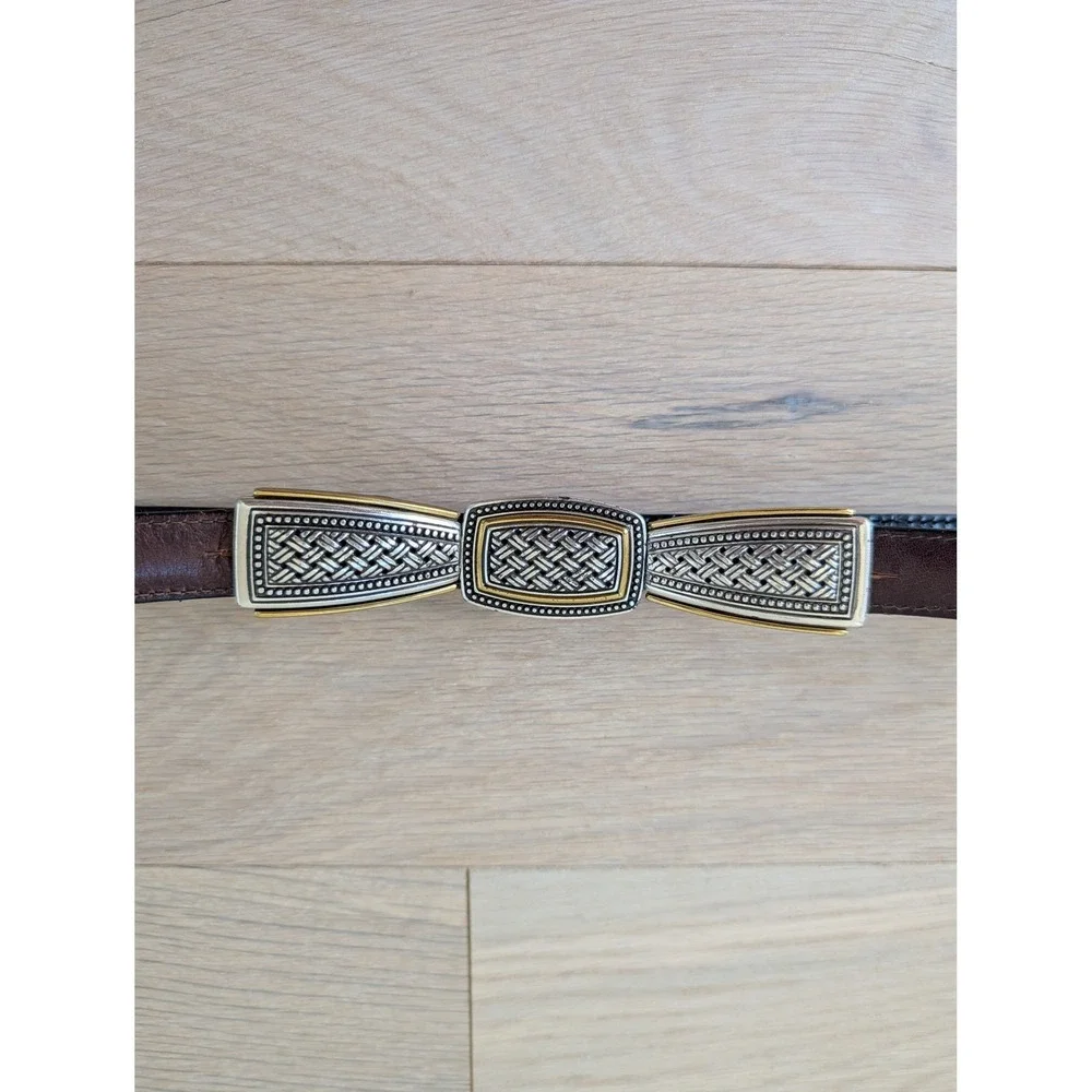 Vintage Woven Metal Accent Leather Black Embossed Leather Statement Belt Small